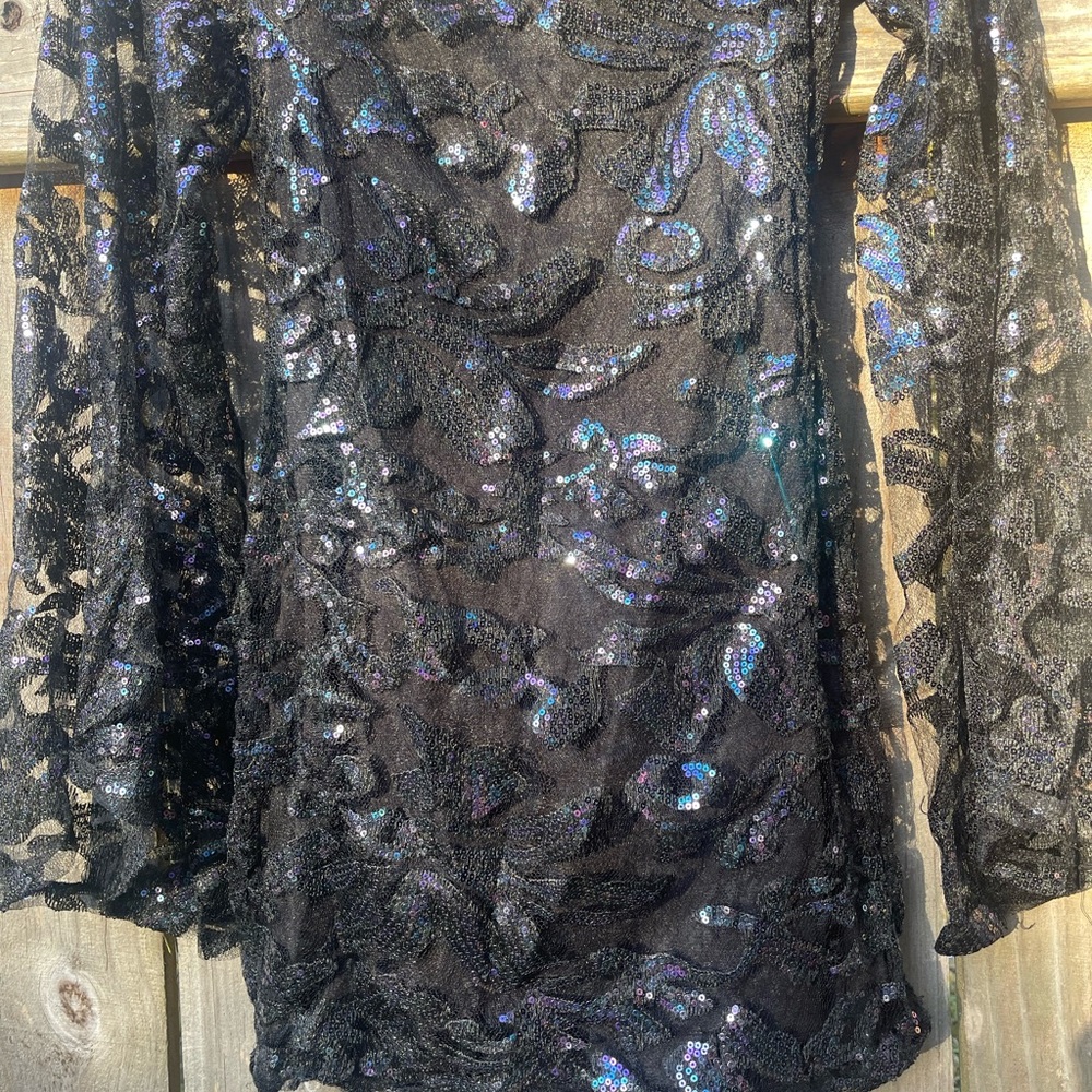Lucy in the Sky Black sequined Babydoll Micro Mini Dress Sise S - Picture 7 of 10